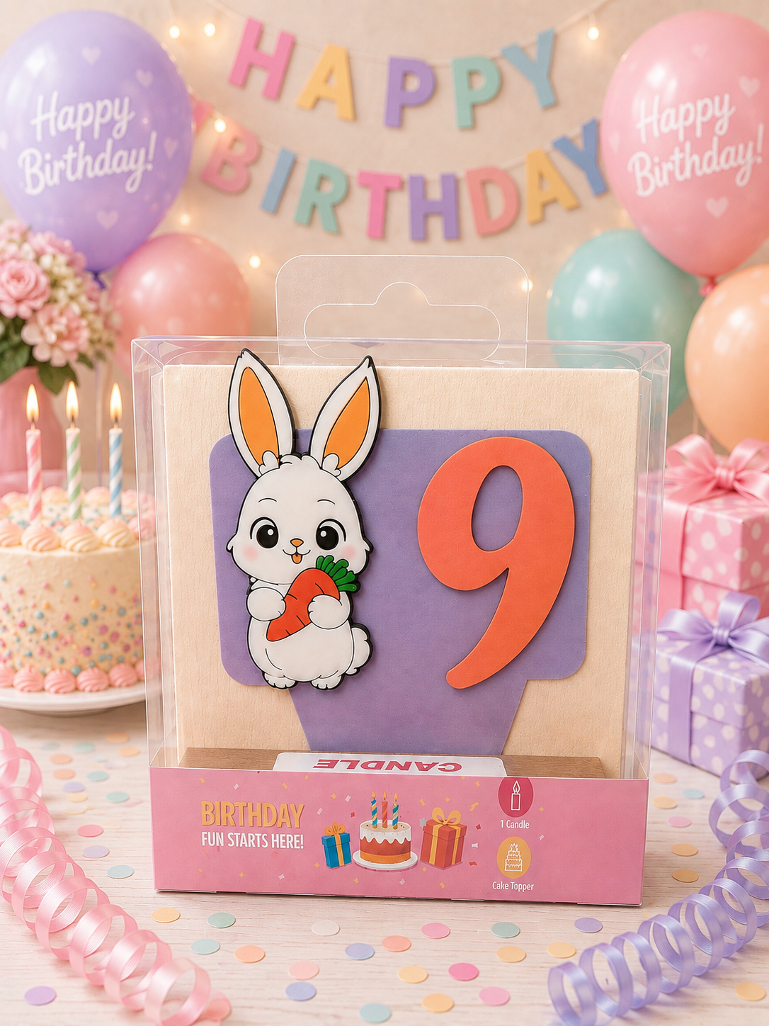 Bunny-theme Birthday Cake Topper with Candle!